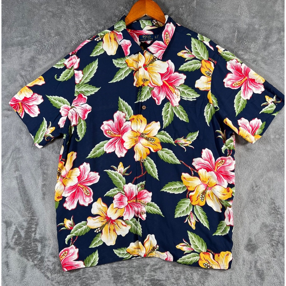 Ralph Lauren Hawaiian Shirt Mens Blue Classic Floral Holiday Loop Cuban Camp